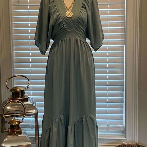 Maxi dress casual mid sleeves pleated ruffle BoHo dress - Picture 16 of 16